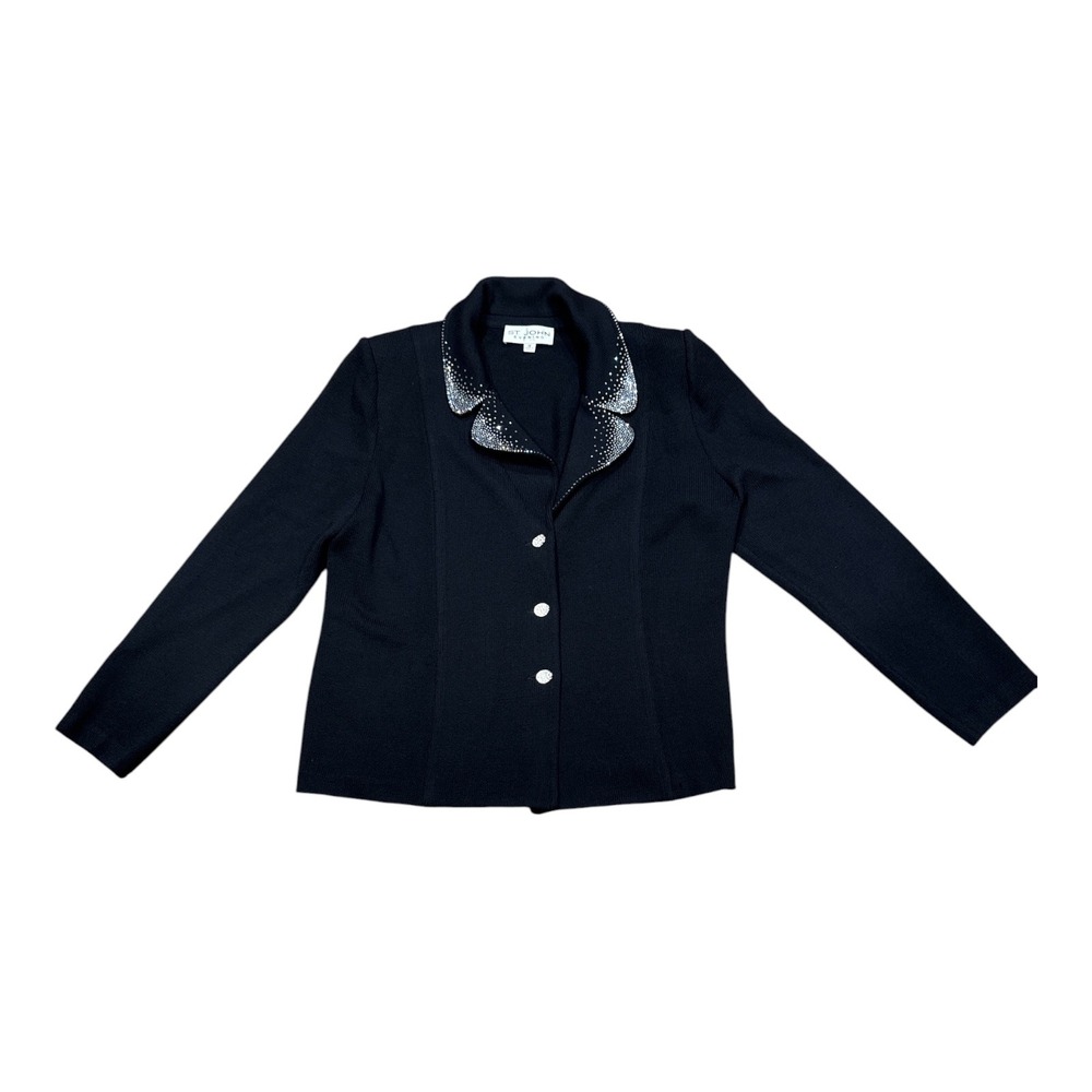 St. John Evening Black Santana Knit Rhinestone Collar Jacket Size 12 READ